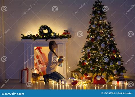 Beautiful Woman Decorates The Christmas Tree Garland Lights New Year