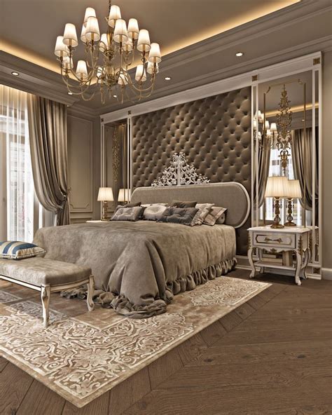 A Large Bed Sitting In The Middle Of A Bedroom Next To A Chandelier