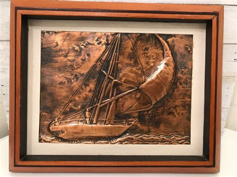Wood Framed Copper Relief Impression Of Sailing Ship Nautical Wall
