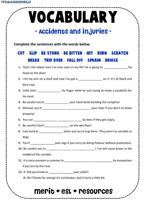 They also help clarify the meanings of vocabulary and language used to talk about health procedures and treatments. Vocabulary - Accidents and Injuries - Interactive worksheet
