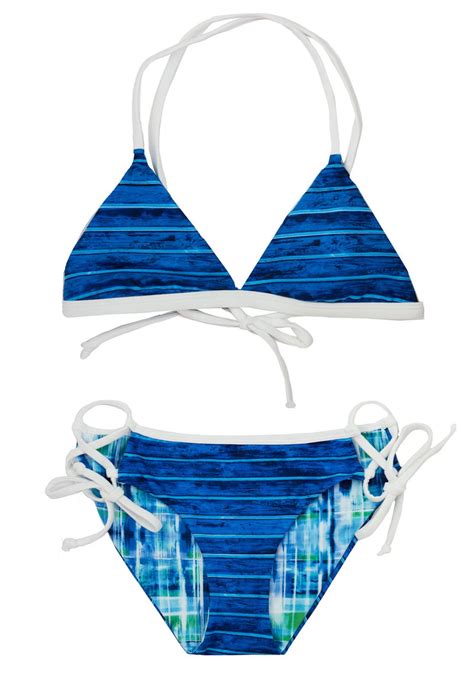 2 Piece Reversible Striped Blue Green Plaid Bikini Set And Triangle Top