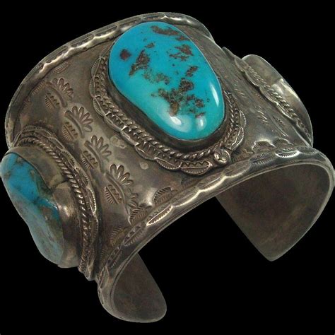 Vintage Heavy Navajo Fred Harvey Sterling Silver Turquoise Bracelet Si