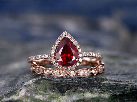 Red Garnet Engagement Ring Solid 14k Rose Gold Diamond Bridal Etsy