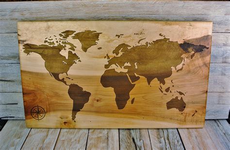World Map Engraved On Maple Wood Wooden World Map Solid