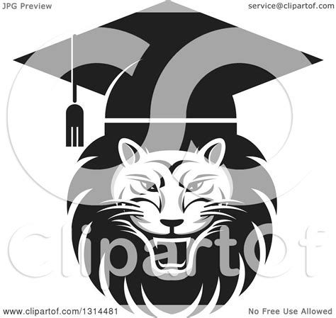 Clipart Of A Grayscale Roaring Male Lion Graduation Head Wearing A Cap