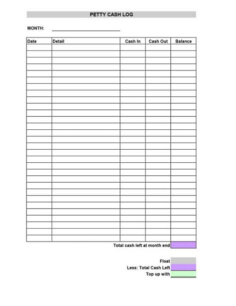 Printable Petty Cash Log Template Printable Templates