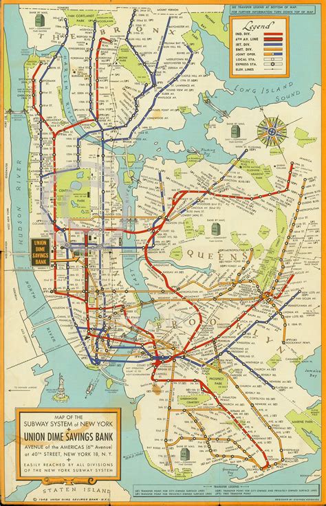 1948 Large New York City Subway Map Mta Manhattan Brooklyn Art Deco
