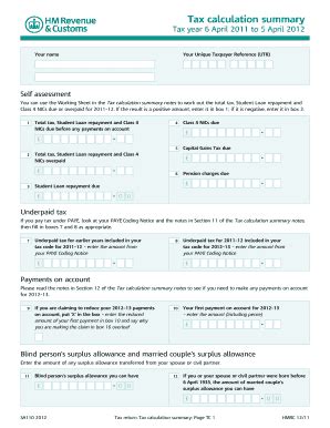 Tax Calculation Summary Notes 2022 Fill Online Printable Fillable