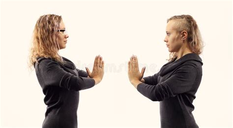 Self Talk Concept Young Woman Talking To Herself Showing Gestures Double Portrait From Two