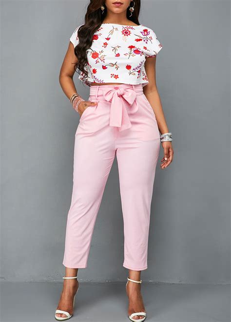White Printed Top And Pink Belted Pants Usd 32