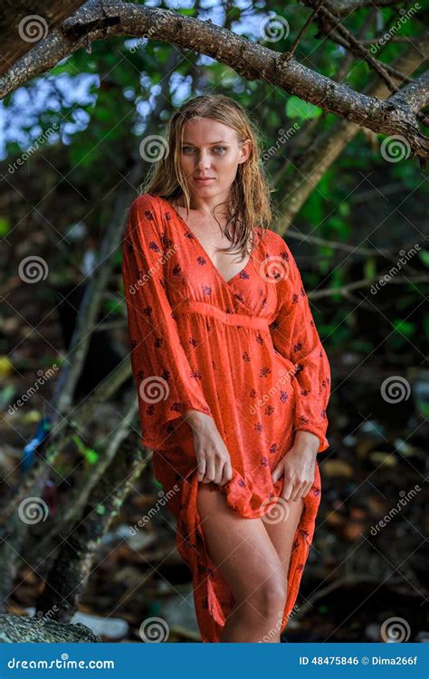 Blonde Woman In Red Wet Dress At Rainig Day Stock Photo Image Of Femininity Female