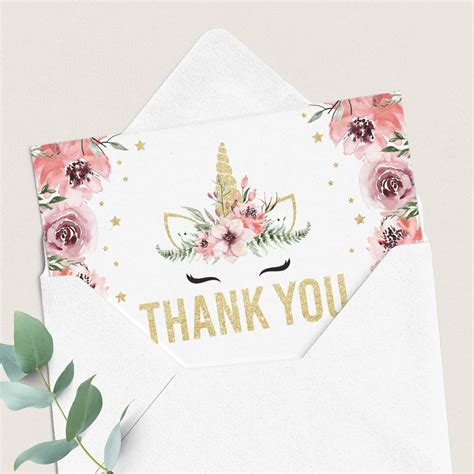 Printable Unicorn Thank You Note Cards With Pink Flowers Instant