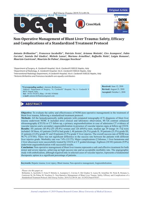 Pdf Non Operative Management Of Blunt Liver Trauma Safety Efficacy