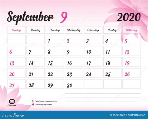 September 2020 Year Template Calendar 2020 Vector Desk Calendar