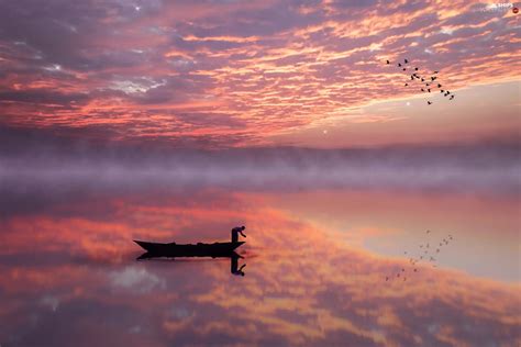 Reflection Great Sunsets Fog Clouds Lake Boat Birds Ships