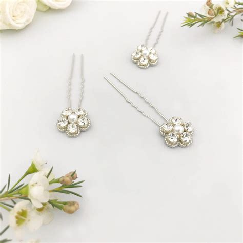 Silver Flower Wedding Hair Pins In Crystal And Pearl X3 Ema Britten Weddings