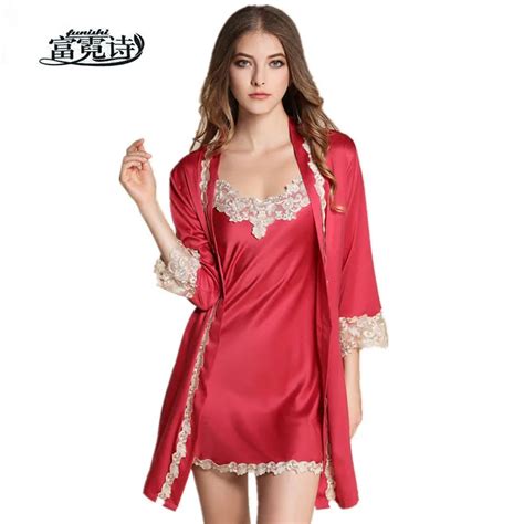 2017 Autumn Women Faux Silk Robe Set High Quality Lace Long Sleeve Bathrobe V Neck Nightgown Two