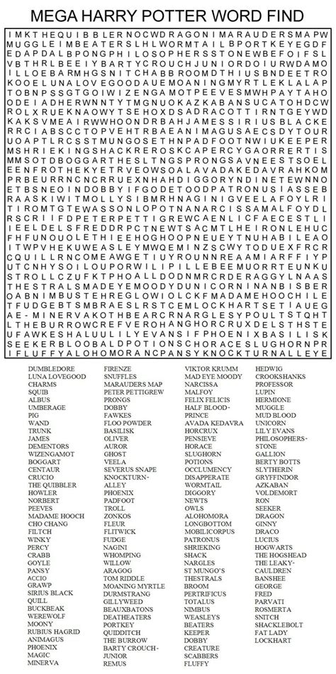Hard Printable Word Searches For Adults Mega Harry Potter Word