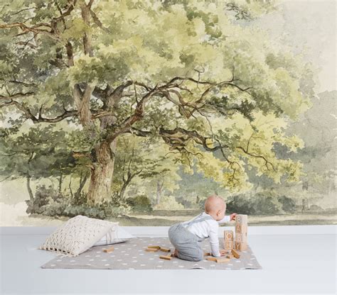 Near The Big Tree Wall Mural Vintage Wallpaper Hand Painted Etsy Uk