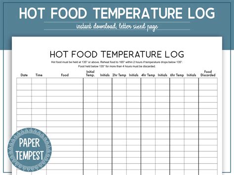 Printable Hot Food Temperature Log Hot Food Holding Etsy Canada