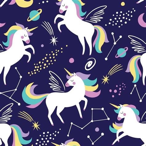 Seamless Pattern With Unicorns And Stars On Purple Background For Wallpaper Or Fabric