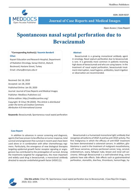 Pdf Spontaneous Nasal Septal Perforation Due To Bevacizumab