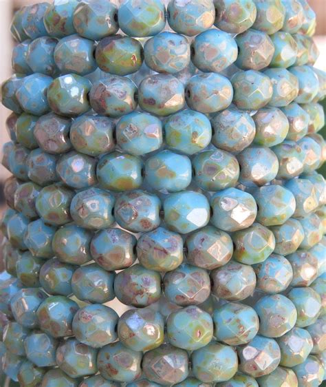 6mm Faceted Opaque Blue Turquoise Silver Picasso Czech Firepolish Glass