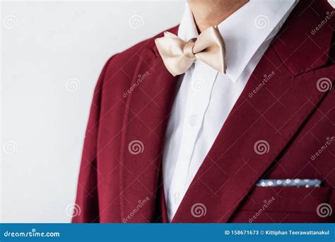 Young Man Wearing Red Suit With Bow Tie Stock Image Image Of Modern