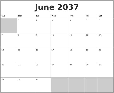 June 2037 Blank Printable Calendar