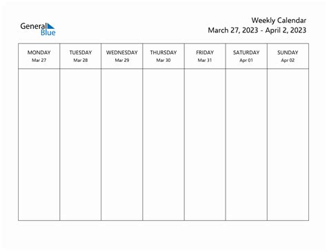 Blank Weekly Calendar For The Week Of March 27 2023