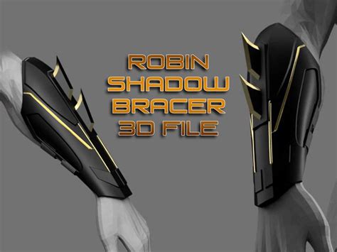 The Robot Shadow Bracer 3d File Is Shown In Gold And Black With Text