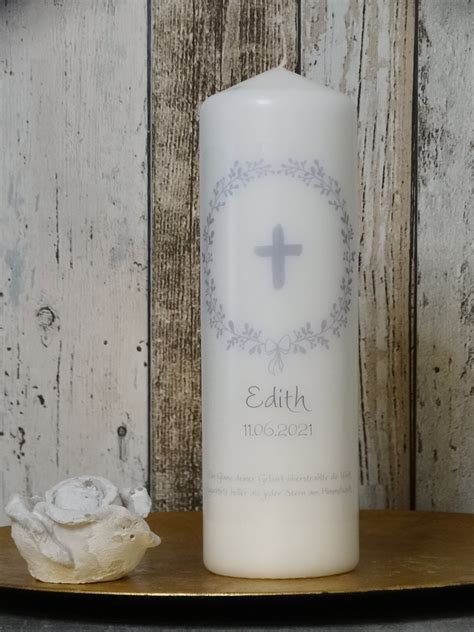 Baptismal Candle With An Elegant Grey Wreath Baptismal Candle Etsy Uk