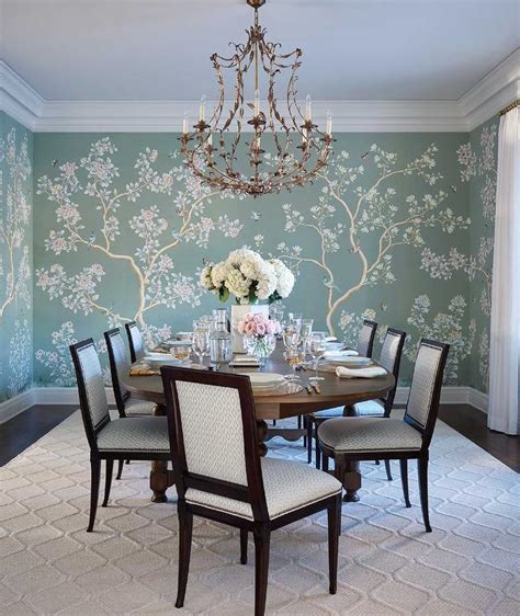 Elegant French Dining Room With Blue Chinoiserie Wallpaper French