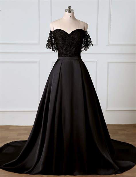 Sweetheart Black Lace Off Shoulder Long Prom Dress With Removable Skirt