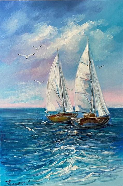 Original Sailboats Sea Oil Painting On Canvas Blue Ocean Waves Wall