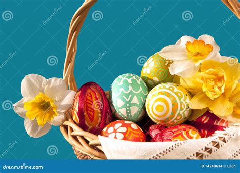 Basket Full Of Easter Eggs And Flowers Stock Photo Image Of Flower