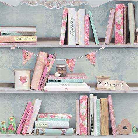 Arthouse Curious Book Shelf Pattern Wallpaper Pink Rose Heart Motif