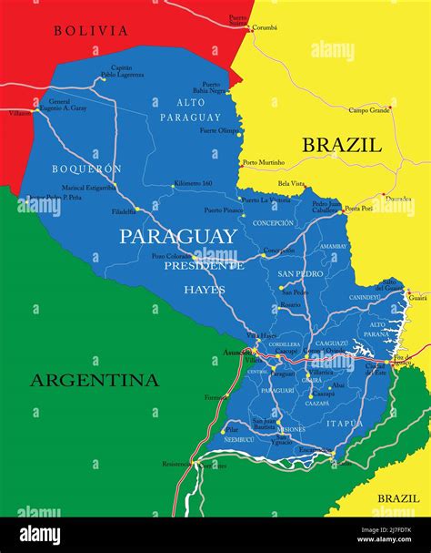 highly detailed vector map of paraguay with administrative regions main cities and roads stock