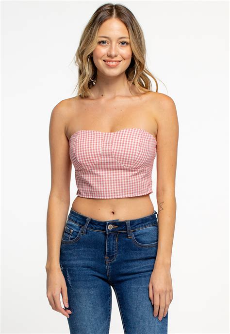 Gingham Cropped Tube Top With Smocked Back Shop At Papaya Clothing