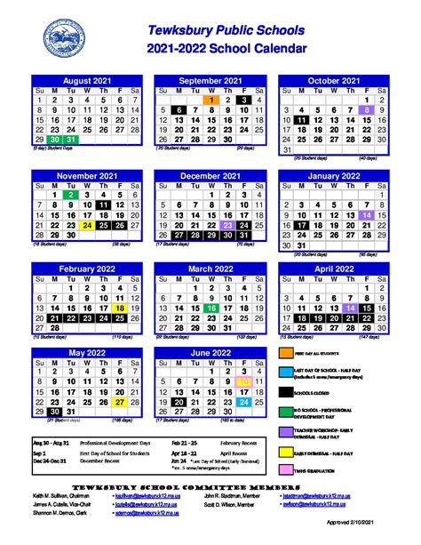 2021 2022 School Calendar Tewksbury Public Schools