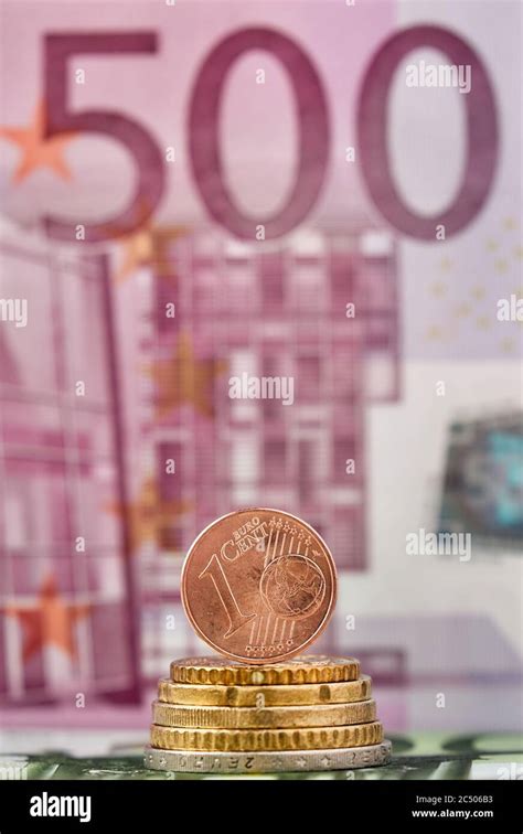 1 Euro Cent Against 500 Euro Banknote Coins And Banknotes Of The