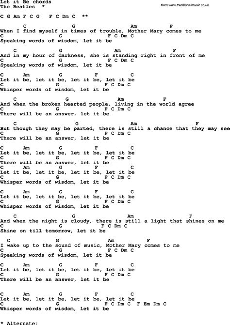 Let It Be Lyrics Beatles Song Lyrics With Guitar Chords For Let It Be The Beatles Ukelele