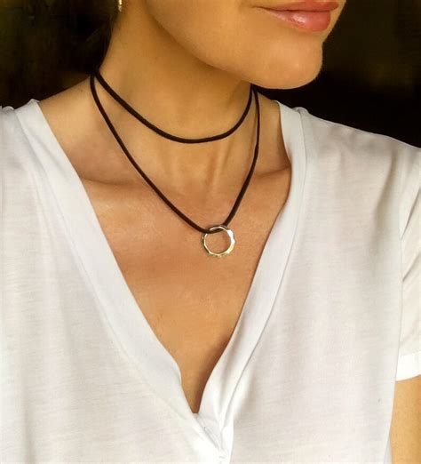 Leather Choker Vegan Suede Circle Charm Choker Necklace Woman Etsy