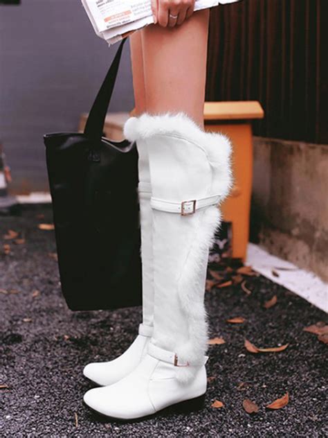 White Round Toe Chunky Fur Buckle Fashion Knee High Snow Boots Boots