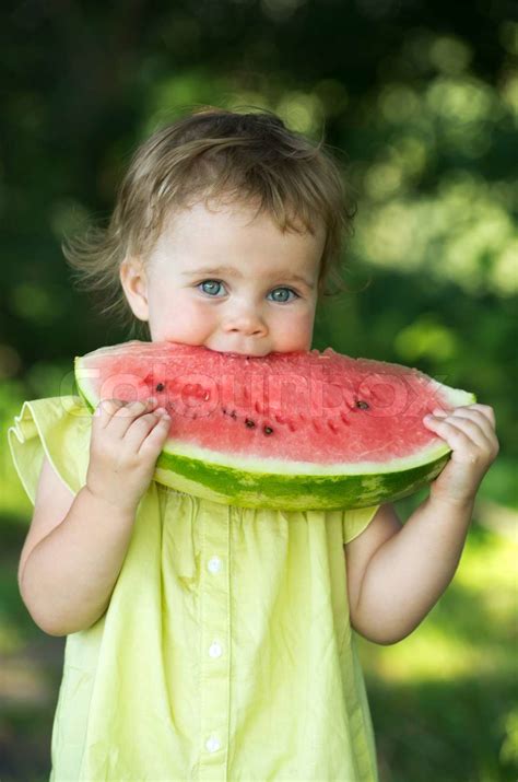 Baby Girl Eating Watermelon Stock Image Colourbox