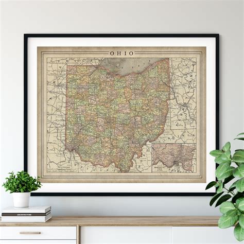 1897 Ohio Map Print Vintage Map Art Antique Map Old Map Ohio Wall