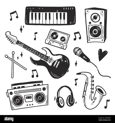 Music Doodle Hand Drawn Set Boombox Guitar Microphone Doodle Sketch