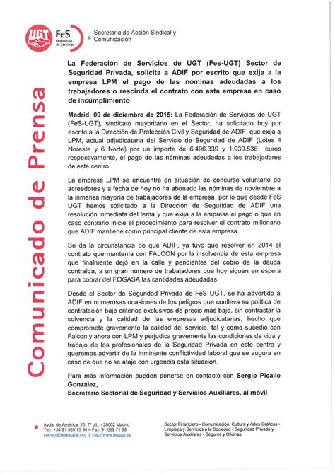 FeS UGT Seguridad Privada Y Servicios Auxiliares Comunicado De Prensa LPM