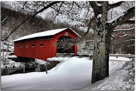 Red Covered Bridge In Winter Covered Bridges Scenery Vermont