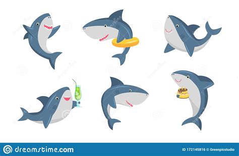 Set Of Cute Humanized Shark In Different Life Situations Vector